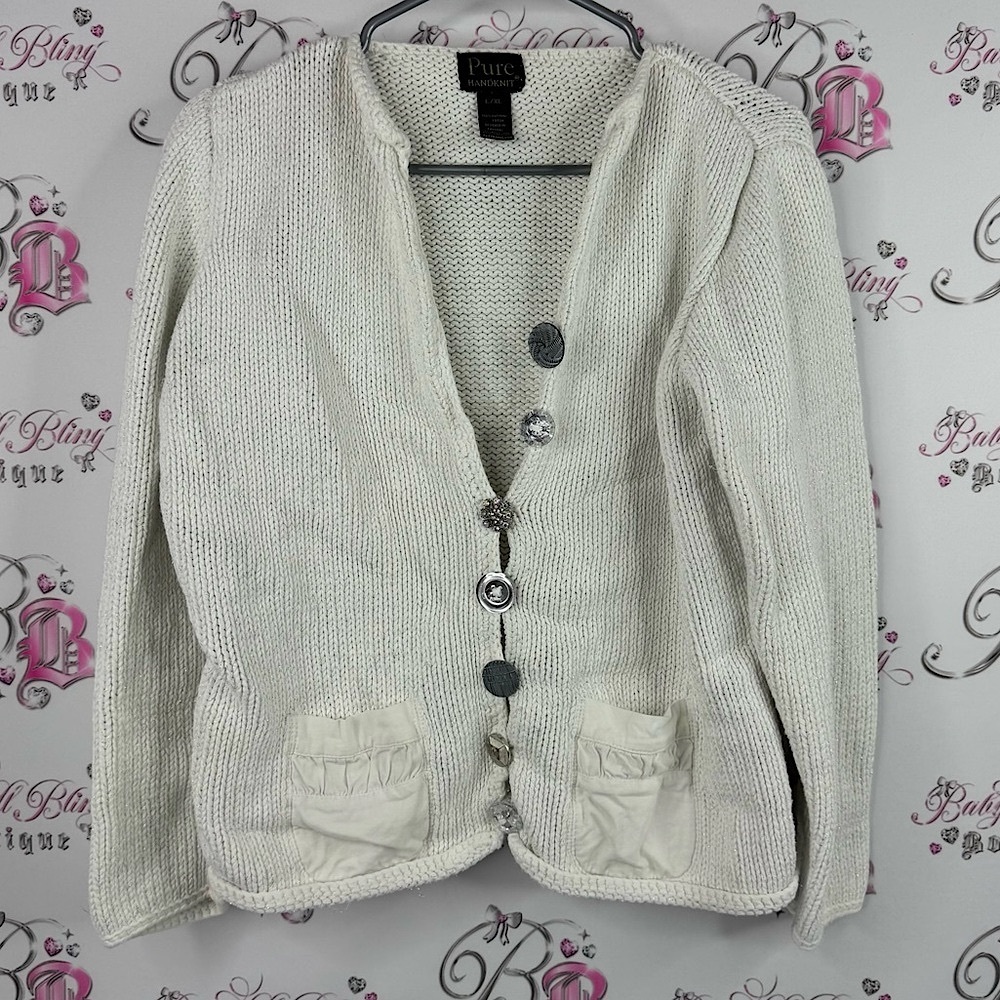 Pure handknit sweater cardigan thick Cream Knit Cardigan with Button Detail